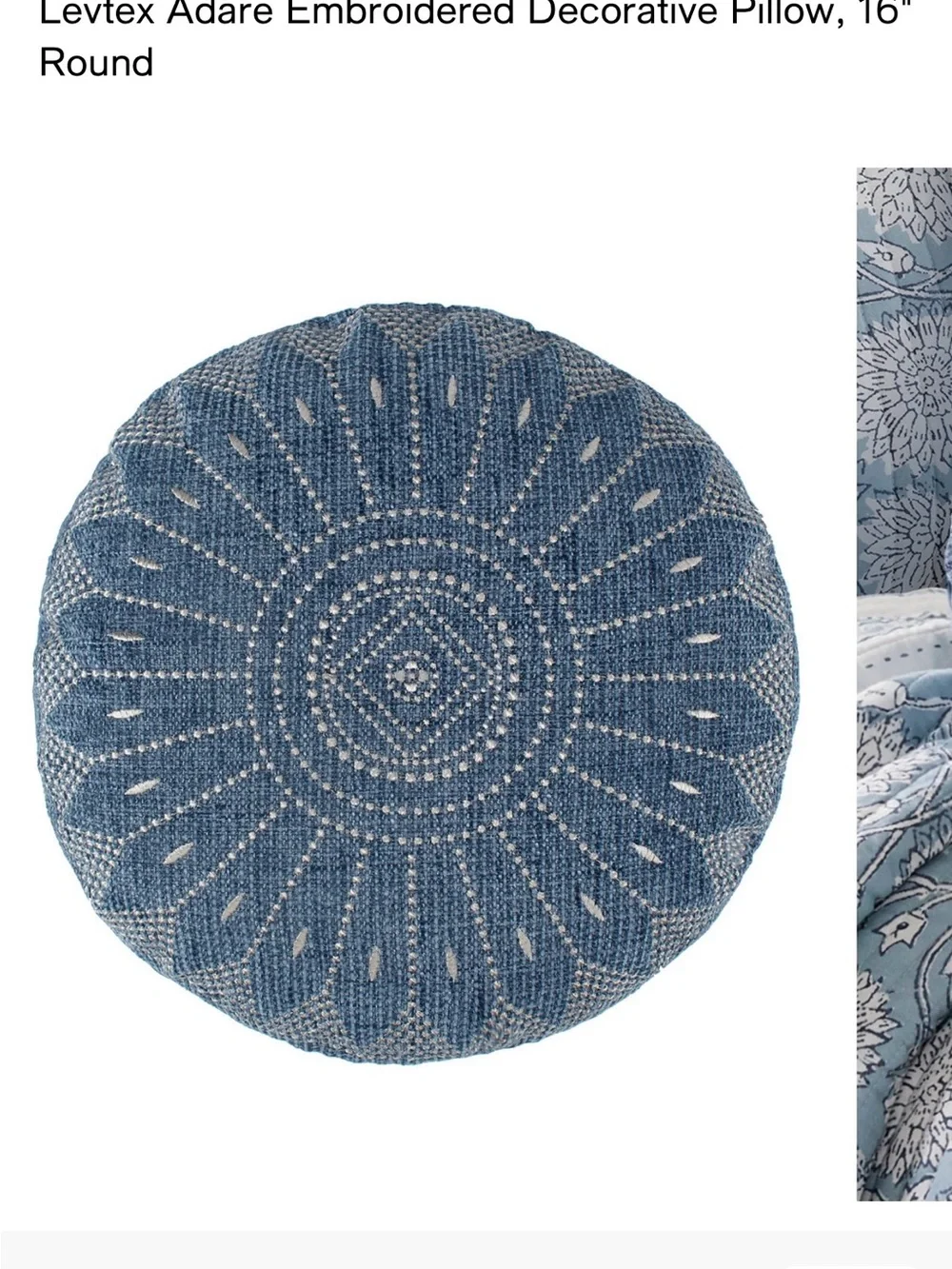 Levtex Round Embroidered Decorative Pillow in Blue and white..💙🤍 Goose feathers.